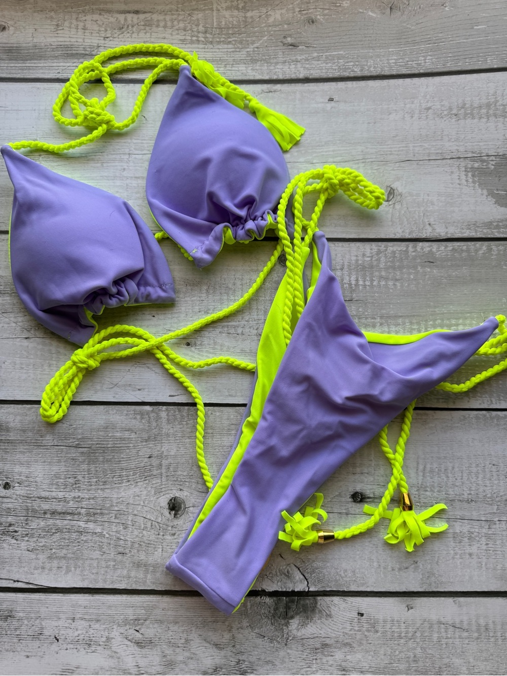 Lilac Neon Green Braided Tie Bikini Set Gold Hardware Size Small